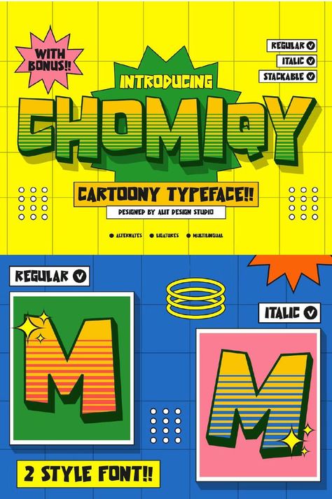 The CHOMIQY Typeface is perfect for magazine cover designs, brochures, flyers. Instagram ads, Canva Design and so on with comic, non-serious, pop art, game mobile and fun design. Besides that this font is very easy to use both in design and non-design programs because everything changes and glyphs are supported by Unicode (PUA). Comic Typography Pop Art, Comic Ads Design, Cartoon Layout Design, Comic Magazine Layout, Fun Banner Design, Comic Book Graphic Design, Pop Art Logo Design, Comic Logo Design, Comic Graphic Design