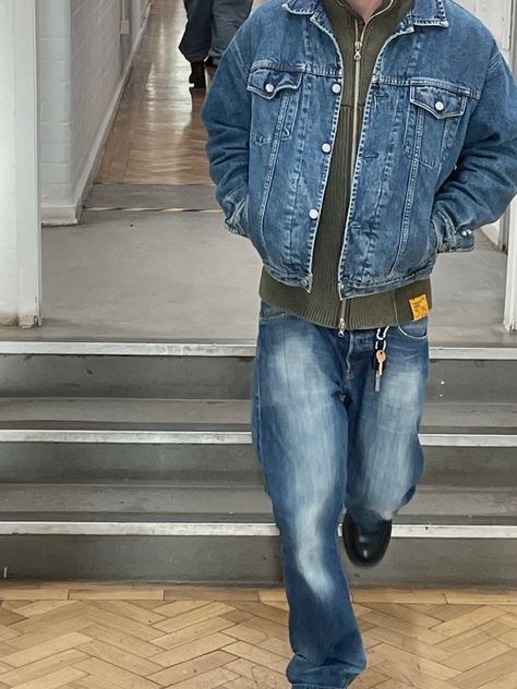 Diesel double denim Double Denim Men, Summer Fits Men, Double Denim Outfit, Jordan Fits, Men 90s, Denim Outfit Men, Y2k Jeans, Bike Photoshoot, Double Denim