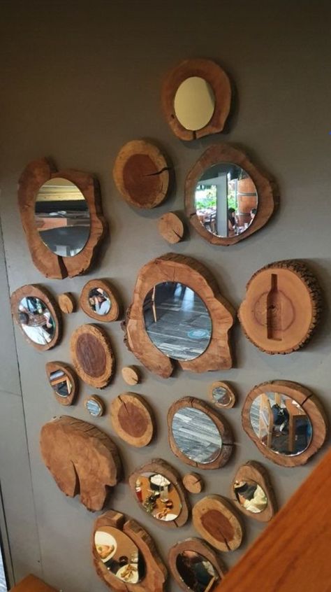 Large Wood Slice Ideas, Earthy Mirror Ideas, Log Slice Crafts, فن الرسم بالمسامير, Large Wood Slices, Lounge Mirrors, Wood Slice Decor, Android Wallpaper Art, Wood Wall Art Diy