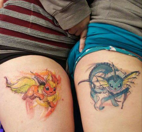 Pokemon Tattoos, Video Game Tattoos, Twin Tattoos, Sibling Tattoos, Pokemon Tattoo, Gaming Tattoo, Sister Tattoos, Friend Tattoos, Matching Tattoos