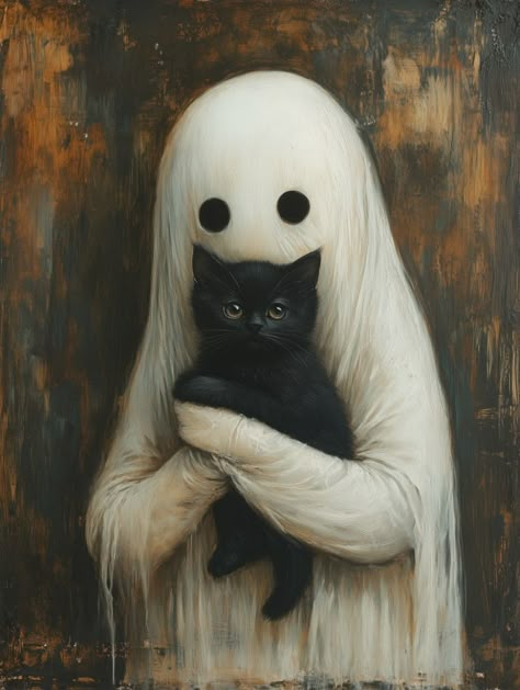 Click on our link to use our free Midjourney Prompt builder!, and get the prompts to make your own beautiful AI art!  oil painting cute WHITE SHEET ghost holding a cute black kitten, against a simple background, in the style of John Singer Sargent --ar 3:4 --stylize 1000 --v 6.1 Vintage Ghost Illustration, Sheet Ghost Art, Ghost Art Cute, Small Black Cat, Cute Black Kitten, Sheet Ghost, Ghost Art, Mark Ryden, White Ghost