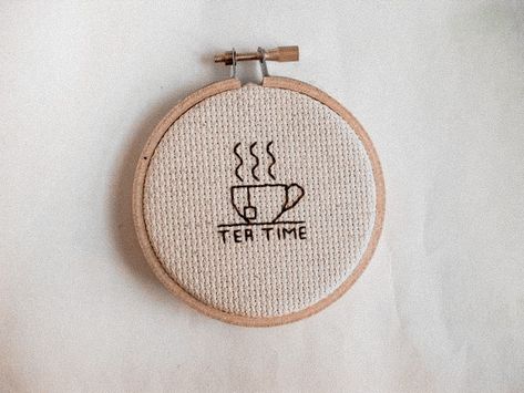 Cross Stitch Tea Cup, Tea Embroidery Patterns, Tea Embroidery, Tea Cross Stitch, Cross Stitch Frame, Round Cross Stitch, Wood Embroidery, Embroidery Hoop Crafts, Miniature Embroidery