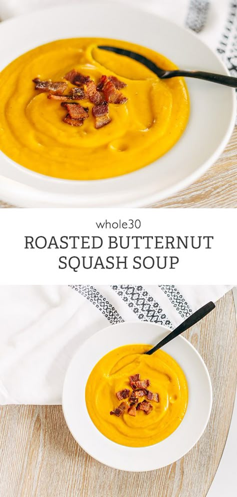 Whole30 Roasted Butternut Squash Soup #whole30 #souprecipes Soup Recipes Whole 30, Squash Soup Dairy Free, Recipes Whole 30, Soup Dairy Free, Best Butternut Squash Soup, Butternut Squash Bisque, Quick Meals To Make, Vegan Butternut Squash Soup, Healthy Butternut Squash