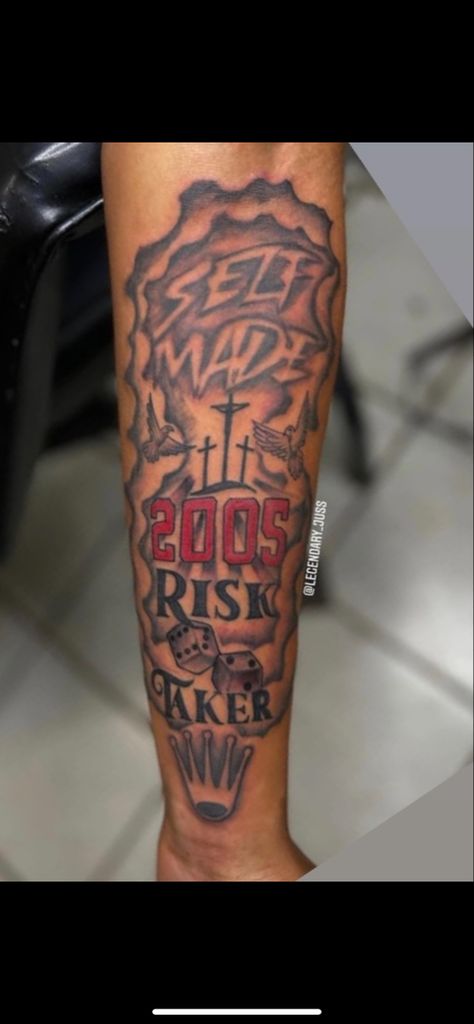 2005 Tattoo Ideas For Men, Hood Forearm Tattoo Men, Take The Risk Tattoo, Black Boy Tattoos, Hood Tattoos For Men Arm, Tattoo Ideas For Teens Boys, Tj Tattoo, Risk Taker Tattoo, Upper Arm Tattoos For Guys