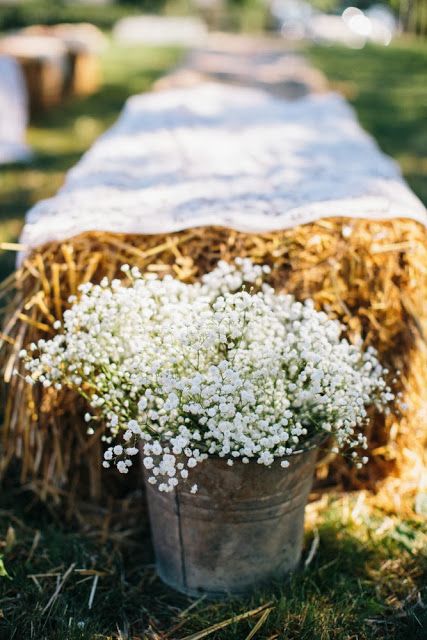 hay bales with galvanized buckets of babies breath for the aisle and ceremony seating wedding. Barn wedding 10 min from Salem, Oregon. www.greenvilla.us Outdoor Ceremony Seating, Hay Bale Ideas, Hay Bale Wedding, Hay Bale Seating, Wedding Ceremony Seating, Wedding Ceremony Ideas, Babies Breath, Ceremony Seating, Hay Bales