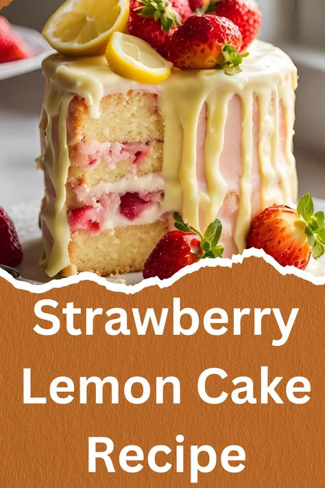 The Strawberry Lemon Cake is a refreshing dessert that beautifully balances the tartness of fresh lemons with the sweetness of strawberries. This recipe features moist lemon-flavored layers, filled with luscious strawberry puree and topped with a creamy lemon frosting. Lemon Strawberry Pound Cake, Lemon And Strawberry Cake, Strawberry Lemon Recipes, Strawberry Lemon Desserts, Strawberry Lemonade Cake Recipe, Lemon Strawberry Cake, Lemonade Cake Recipe, Lemon Cream Cheese Icing, Strawberry Lemon Cake