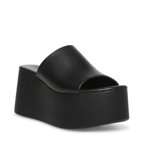 CHRISTA BLACK LEATHER – Steve Madden Open Shoes, Summer 22, Slides Sandals, Chunky Platform, Designer Heels, Platform Wedges, Steve Madden Shoes, Platform Sandals, Wedge Sandals