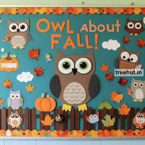 Fall Owl Bulletin Board Ideas and Fall Owl Classroom Activities for Elementary School | October Bulletin Board Ideas | Oct Bulletin Board Ideas, Fall Themed Classroom Bulletin Boards, Fall Owl Bulletin Board Ideas, October School Door Ideas, Autumn Decoration For Kindergarten, Fall School Bulletin Board Ideas, November School Door, Bulletin Board Ideas For September, Bulletin Board Ideas For Teachers Elementary