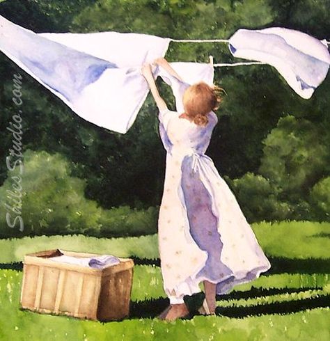 Watercolor People, Laundry Art, 수채화 그림, Laundry Day, Hanging Clothes, Windy Day, Clothes Line, Pictures To Paint, Painting Inspiration