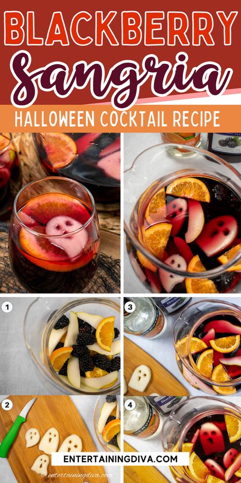 Extremely delicious and spooky Halloween blackberry sangria, made out of red wine, fresh fruits, blackberry brandy, triple sec and a ghostly garnish that is sure to amaze your Halloween party guests! Halloween Sangria, Blackberry Brandy, Blackberry Sangria, Sangria Punch, Sangria Drink, Halloween Punch Recipes, Wine Halloween, Easy Sangria Recipes, Thanksgiving Cocktail Recipes