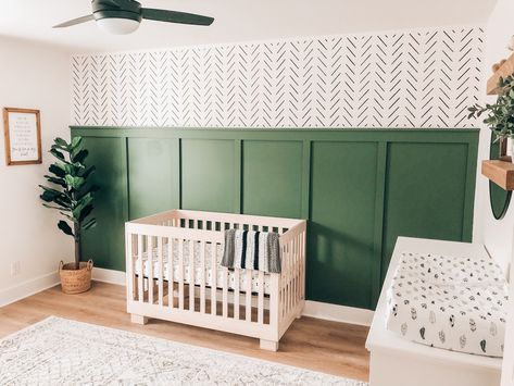 Sage White Wood Nursery, Sage Green Feature Wall Nursery, Green And Brown Nursery, Nursery Wall Paneling, White Crib Green Wall Nursery, Sage Green Shiplap Wall Nursery, Baby Boy Nursery Green Accent Wall, Green Baby Nursery, Brown Nursery