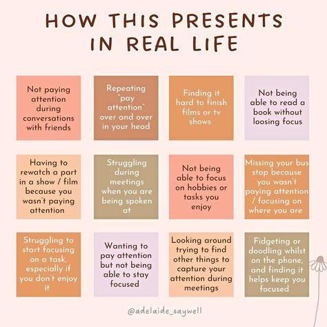 Inattentive ADHD in real life, part 2 👉🏻 Difficulty Focusing A better way to phrase this could be 👉🏻 Interest based nervous system with a preference to tasks with high personal reward or value How would you rephrase it? When reading the diagnostic criteria for ADHD it can feel really overwhelming, and even misleading. The way it is written makes it difficult to understand how the trait can translate into real life situations. I hope this helps some of you understand how your adhd may sho... Mommy Ideas, It Is Written, Health Psychology, Therapy Ideas, Social Work, Nervous System, Real Life, Psychology, Healing