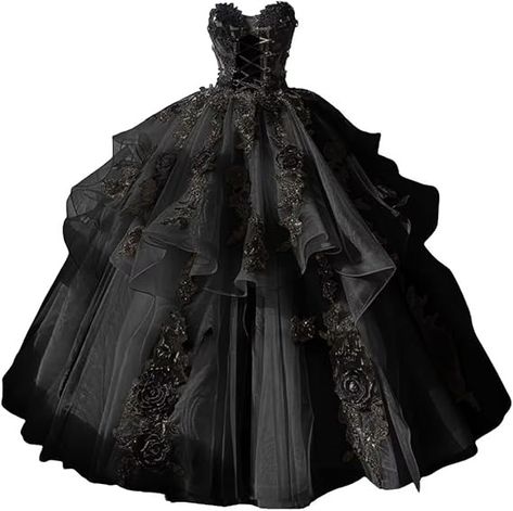 Gothic Quinceanera, Quinceanera Dresses Black, Laid Back Outfits, Black Quinceanera Dresses, Lace Strapless, Sweet 16 Dresses, Quince Dresses, Applique Dress, Amazon Com