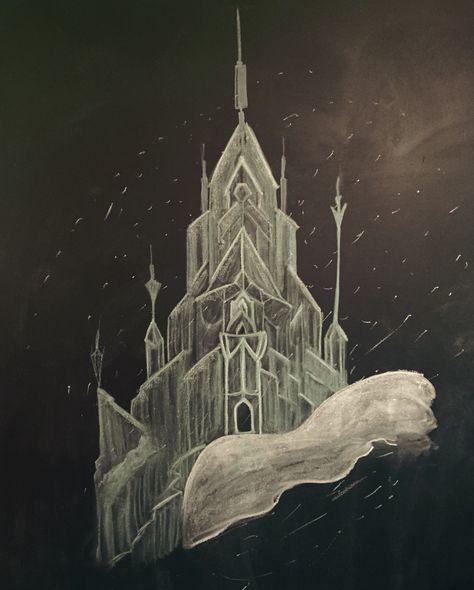 Frozen chalk art of Elsa's Castle.  #frozenchalkart #elsascastle #frozenart #chalkart Frozen Chalkboard Art, January Chalkboard Art, Frozen Mural, January Chalkboard, Elsa's Castle, Frozen Elsa Castle, Chalk Art Signs, Frozen Decor, Chalk Sketch