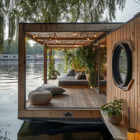 Rolo | The Writer’s Boat House - In this AI conceptualization I focus on the creation of a personalized Boat House for a writer who loves the sea… | Instagram Waterfront Design, Boat House Interior, Houseboat Living, House Flippers, Future Space, Quiet Space, Alternate Reality, House Loft, House Floor Design