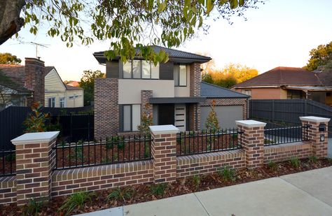 Matching front fence with House brick | New Home Landscapes | Flickr Brick And Picket Fence Ideas, Driveway Wall Ideas, Brick Fence Ideas Front Yard, Brick Front House, Brick Fence Ideas, Modern Brick House Exterior, House Fencing, Front Fences, House Frontage