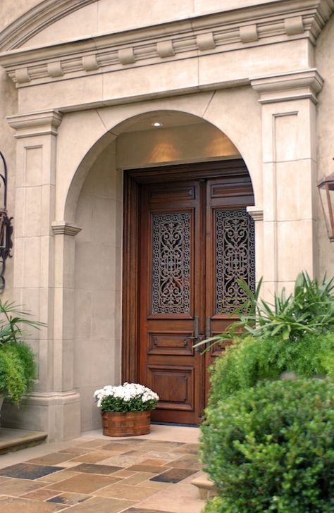 Antique doors, re-finished and re-built make for an inviting entrance. Huge Doors Entrance, Traditional Entrance Door, Grand Front Entrance Exterior, Old Money Mansion Entrance, Door Transformation, Front Door Transformation, Classic Entrance, Colony Entrance Gate Design Classical, Wooden Door Entrance