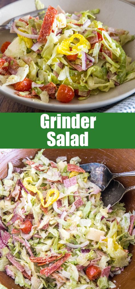 This grinder salad is packed with the flavors of an Italian sub sandwich! With crisp lettuce, deli meat, and cheese tossed in tangy dressing. Sub Sandwich Salad Recipe, Saddle Salad, Italian Meat Salad, Meat Salads Cold, Salad With Meat Recipes, Sub Sandwich In A Bowl, Grinders Salad, Tik Tok Italian Grinder, Italian Lettuce Salad Recipes