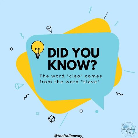 🇮🇹 "Ciao" è probabilmente il saluto più usato in Italia, e forse quello italiano più conosciuto all'estero 👋🏻 Ma conoscevate la sua origine? 

🇬🇧 "Ciao" is probably the most used greeting in Italy, and perhaps the most well-known Italian greeting abroad 👋🏻 But did you know its origin?


#italy #italian #italiancourse #speak #grammar #grammatica #insegnamento #teacher #fun #conversation #learningitalian #italianteacher #words #italianwords #onlineteaching #lesson #parole #paroleitaliane Sustainable Environment, Coimbatore, Instagram Post Template, Fun Fact, Media Post, Social Media Post, Blockchain, Did You Know, Solar