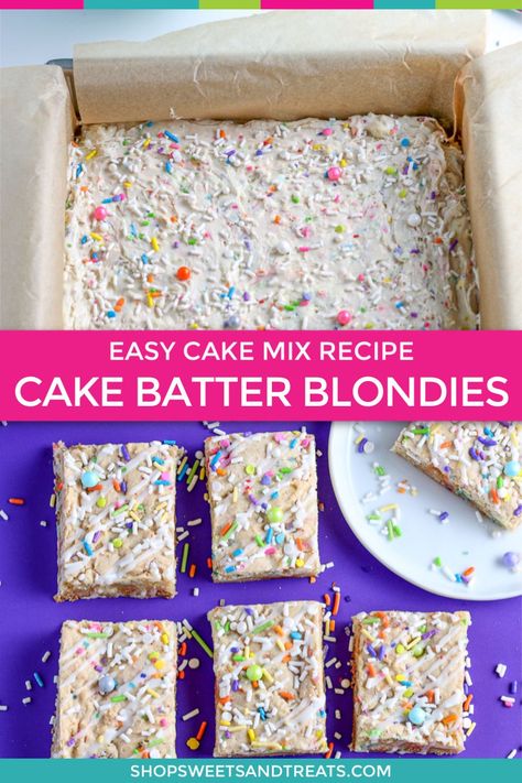 Cake Mix Blondies Recipe, Cake Mix Blondies, Brownies From Cake Mix, Funfetti Cake Mix Recipes, Cake Batter Blondies, Homemade Funfetti Cake, Blondie Cake, Blondies Recipe Easy, Vanilla Brownies