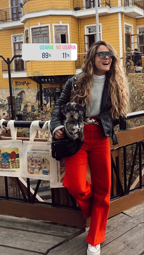 Red Pants Wide Leg Outfit, Red Wide Leg Pants Outfit Winter, Red Black And Denim Outfits, Red Flare Pants Outfit Winter, Red Wide Pants Outfit, Red Tailored Pants Outfit, Red Wide Leg Trousers Outfit, Bright Red Pants Outfit, Red Flare Jeans Outfit