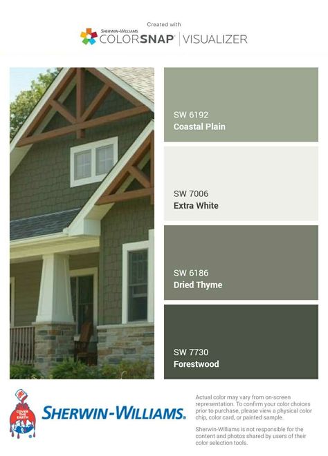 I just created this color palette with the Sherwin-Williams ColorSnap® Visualizer app on my Android phone. What do you think? You can learn more about ColorSnap Visualizer and get it on your phone free by visiting http://www.sherwin-williams.com/colorsnap. Olive Green House Exterior, Green Exterior House Colors, Green House Exterior, House Paint Color Combination, Brown Roof, Color Combinations Paint, House Shutters, Exterior House Paint Color Combinations, Exterior House Color