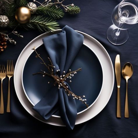 Navy Blue Christmas Decor Table Settings, Christmas Navy Blue Decor, Blue And Silver Dinner Table Setting, Christmas Tablescapes Blue, Navy Place Setting, Blue Silver Christmas Table, Navy Christmas Table Decor, Navy Blue Party Ideas, Navy Blue White And Gold Christmas Table Decor