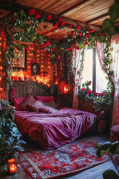 Red Boho Bedroom Ideas, Pink Whimsigoth Bedroom, Romantic Bohemian Bedroom, Tall Ceilings Bedroom, Whimsical Bedroom Adult, Red Rose Garland, Cozy Bohemian Bedroom, Bedroom Wall Panel, Whimsigoth Bedroom