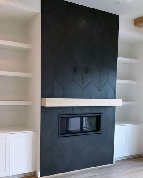 Black Chevron Tile Fireplace, Black Herringbone Fireplace Surround, Tile Fireplace To Ceiling, Fireplace Tile Wall Ideas, Off Center Fireplace Wall, Tiles Fireplace Wall, Fireplace Tile Surround Modern, Black Tile Fireplace Wall, Vertical Tile Fireplace