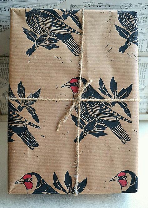 Block printed paper Gifts Wrapping, Folding Origami, Stamp Carving, Relief Printing, Birthday Gift Wrapping, Linocut Art, Brown Paper Packages, Bird Gifts, Goldfinch