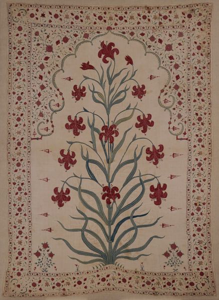 India (made)  Date: ca. 1650-1700 (made) Embroidered cotton with silks. Much of the decoration in Mughal and other Indian courts was provided by patterned textiles, both on the floor and the walls, as well as in the colourful dress of the courtiers. This elegant embroidered panel would have been hung on a wall or perhaps used as a curtain over a window. The design, of a flowering plant placed within an arched niche, is typical of Mughal production in the seventeenth century... Mughal Art Paintings, Antique Wallpaper, Mughal Paintings, Mughal Empire, Indian Patterns, Indian Prints, Indian Textiles, Antique Textiles, Miniature Painting