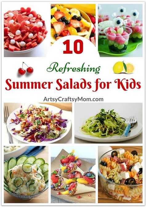 Kids prefer eating light in summers and Moms don't want to spend hours in a hot kitchen! Make everyone happy with these 10 fresh summer salads for kids. Salads Kids Will Love, Summer Dinner Ideas For Kids, Kid Friendly Salads, Kids Menu Ideas, Kid Lunch Box Ideas, Junk Food Poster, Kid Friendly Salad, Salads For Kids, Dishes Recipe