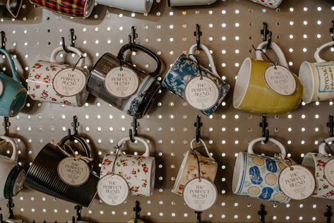 Mug Favors, Thrifted Wedding Favors, To Have And To Hold Mug Wall Wedding, Mug Wedding Favors, Thrifted Mugs, Mug Wall Wedding, Coffee Themed Party, Happy Valentines Day Sign, Coffee Bridal Shower