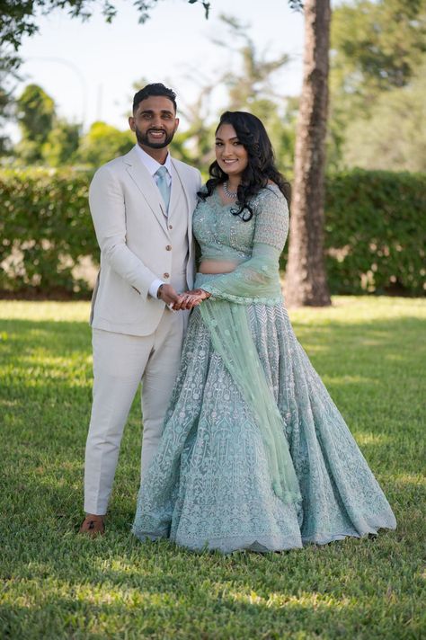 Intimate Florida Engagement With A Refreshing Mint Green Lehenga Mint Green Lehenga Makeup Look, Wedding Dresses Mint Green, Mint Green Lehenga Color Combos, Couple Reception Outfit Indian, Mint Green Lehenga, Engagement Couple Dress, Engagement Dress For Bride, Engagement Saree, Wedding Dresses Men Indian