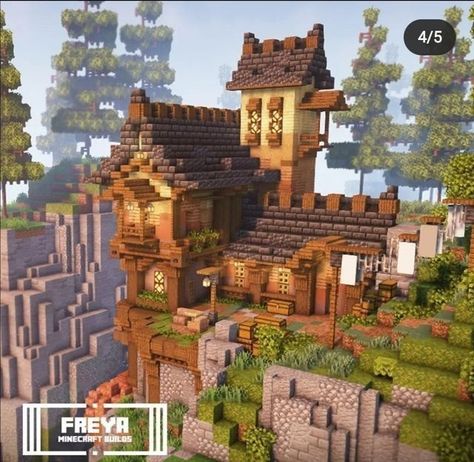 Medevil Drawings, Cliffside Minecraft House, Minecraft Gatehouse, Minecraft Hill House, Minecraft Building Ideas Medieval, Minecraft Cherry Blossom House, Minecraft Village Ideas, Pfp Minecraft, Cherry Blossom House