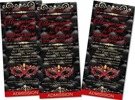 Ticket Invitation Design, Red Masquerade, Masquerade Invitations, Ball Birthday Party, Masquerade Party Invitations, Gold Masquerade Mask, Elephant Cake Toppers, Ticket Style, Video Games Birthday Party