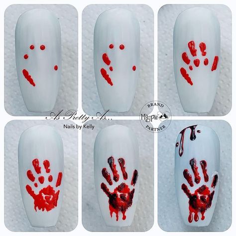 Kelly Scothorn on Instagram: "Bloody Handprint🩸🖐 A quick simple pictorial for creating a blood dripped handprint. Using #everythingmagpie #magpiebeauty @magpie_beauty #asprettyas_nailsbykelly #magpiebrandpartner #pictorial #nailpictorial #stepbystep #nailart #handprint #nailpromagazine #nailitmedia #nailsmagazine #scratchmagazine #halloweennailsdesign #halloweennails #bloodyhandprint #halloweenpictorial #nailstepbystep #nailtutorial #magpiebeautyusa #magpiebeautynz #magpiebeautycanada #ma Halloween Nail Designs Blood, Almond Nails Designs Halloween, Horror Halloween Nails, Haunted Nails, Saw Nails Halloween, Easy Halloween Nail Designs Step By Step, Blood Nails Design, Halloween Nails Blood Drip, Knife Nail Art