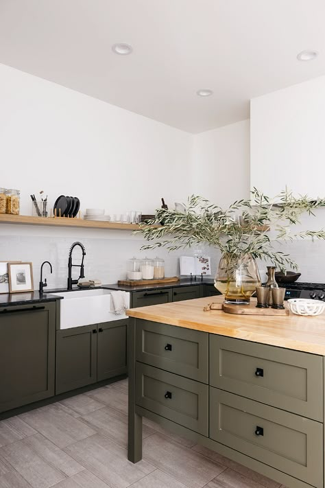 Earthy Two Tone Kitchen, Earthy Kitchen Design, Green Shaker Cabinets, Eclectic Organic, White Apron Sink, Butcherblock Countertops, Kitchen Island Black, Montana Kitchen, Olive Kitchen