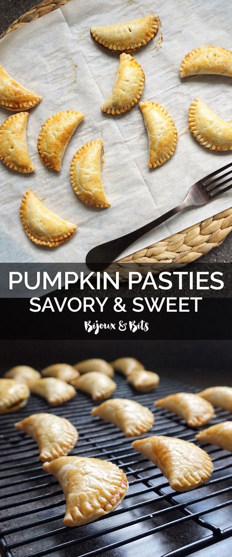 Sweet AND savory pumpkin pasties recipe from @bijouxandbits Pumpkin Pasty, Pumpkin Pastries, Harry Potter Food Ideas, Harry Potter Snacks, Harry Potter Pumpkin, Pumpkin Pasties, Pasties Recipes, Savory Pumpkin, Recipes Savory