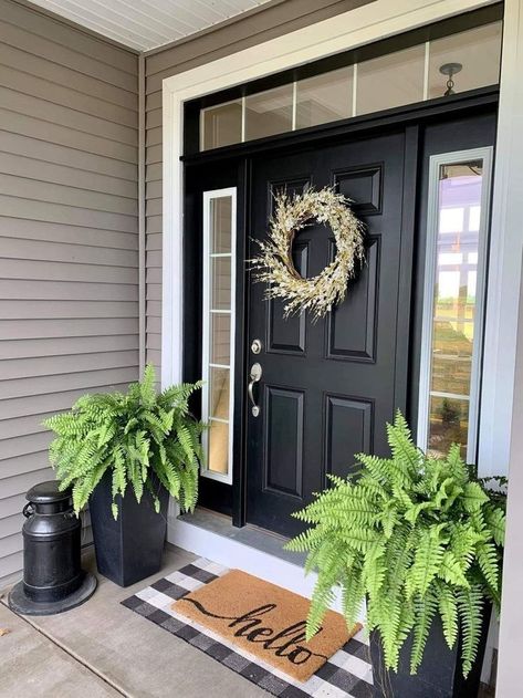 Front House Planters Entrance, Outdoor Curb Appeal Ideas, Front Porch Fern Ideas, Planters With Solar Lights, Front Door Planters Entrance, Front Porch Planters Entrance, Outside Entryway Decor, Small Front Door Decor Entrance, Rustic Front Porch Ideas