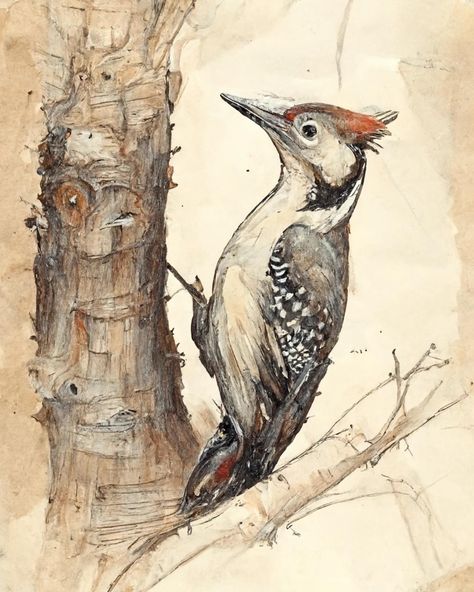 Bring the beauty of the forest into your home with this stunning vintage sketch of a woodpecker in the woods. The delicate details of the drawing capture the intricate patterns and textures of the bird and its surroundings, creating a sense of harmony and balance. Hang this print in your living room, bedroom or study to infuse your space with the peacefulness of nature. This piece is perfect for those who appreciate the elegance of wildlife and the simplicity of the forest. Nature Study Drawing Sketch, How To Draw A Woodpecker, Woodpecker Sketch, Bird Study Drawing, Woodpecker Drawing, Audi Art, Pileated Woodpecker Drawing, Woodpecker Watercolor, Woodpecker Art