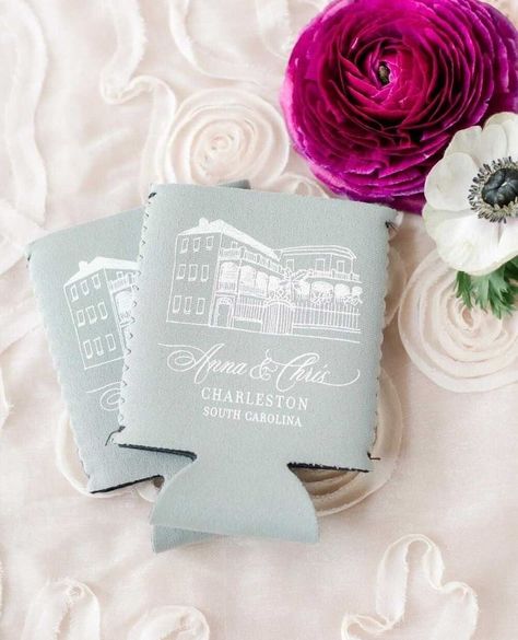 Wedding Koozie Ideas, Charleston Bride, William Aiken House, Beer Koozies, Wedding Dr, Lowcountry Wedding, Wedding Koozies, Welcome Drink, Charleston Wedding