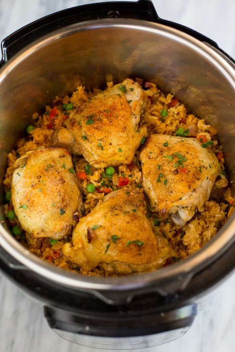 Instant Pot Chicken and Rice (Arroz con Pollo) - Tastes Better from Scratch Chicken Thighs Rice, Rice Pressure Cooker, Instant Pot Chicken And Rice, Spanish Rice Recipe, Chicken And Brown Rice, Recipes Oven, Ground Chicken Recipes, Chicken Thigh Recipes Oven, Chicken Thigh Recipes Crockpot