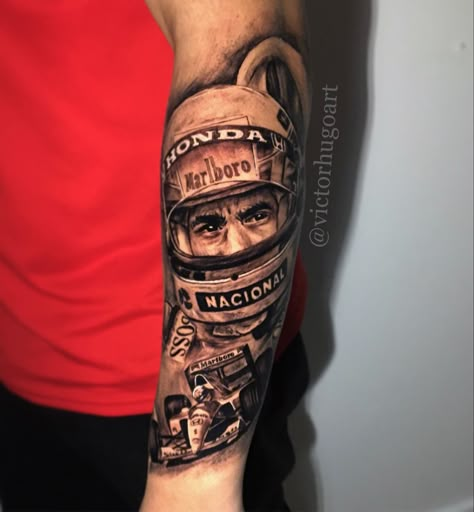 Tatuagem Ayrton Senna feita por Victor Hugo Art #ayrtonsenna #tattooayrtonsenna #tattoo #formula1 #senna #tattoodesigns #tattoos Ayrton Senna Tattoo, Victor Hugo Art, South Park Tattoo, Senna Mclaren, Tatuagem Masculina Pequena, Temecula California, Artist Tattoo, Car Tattoos, Victor Hugo