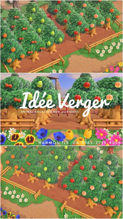 Inspi orchardCode oniriqueDA-7765-2739-9059 Acnh Flower Gardens Breeding Layout, Tree Garden Animal Crossing, Animal Crossing Fruit Orchard Layout, Fruit Farm Acnh, Acnh Orchard Layout, Acne Orchard Ideas, Animal Crossing Fruit Tree Layout, Orchard Animal Crossing Ideas, Orchard Ideas Animal Crossing