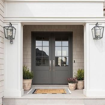 Gray Double Front Doors with Pink and Blue Vintage Rug - Transitional - Entrance/foyer Double Door Entryway, Modern House Numbers, Overhead Garage Door, Metal House Numbers, Double Front Doors, Modern House Number, Metal House, Number 0, Front Entry Doors