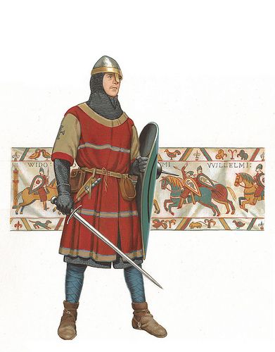 Norman knight, c. 1066 (Bayeux Tapestry in background) "With the Normans you had a combination of viking ruthlessness and brutality and french sleaziness and treachery. They were the worst of two worlds." Master Feral von Halstern Norman Knight, Medieval Swords, Century Armor, Historical Warriors, High Middle Ages, Medieval Ages, Empire Romain, Historical Armor, Early Middle Ages