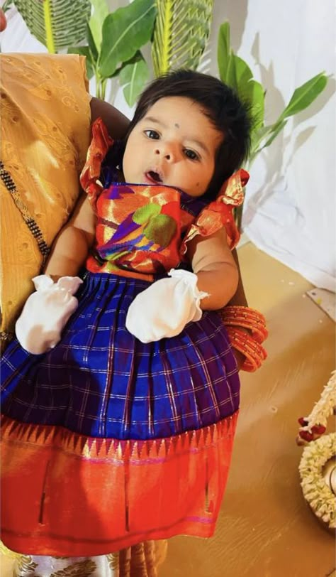 Pattu Langa For New Born Baby, Newborn Pattu Langa, Paithani Blouses, Paithani Dresses, Traditional Baby Dresses, Baby Lehenga, Athena Dress, Pattu Langa, Kids Indian Wear