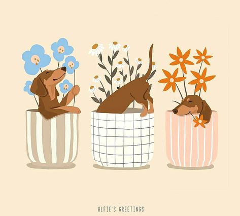 Dog Cooking Illustration, Daschund Illustration Cute, Dog And Flowers Illustration, Dachshund Dog Illustration, Cute Dachshund Drawings, Dachshund Illustration Drawings, Dog With Flowers Drawing, Dachshund Art Illustration, Daschund Drawing