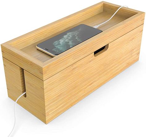 Amazon.com: Bamboo Cable Management Box, Hider Cord Organizer Box Large Storage Holder for Desk - Conceal Power Strips Electrical Cords from TV Computer USB Hub (Nature): Electronics Cable Tidy Ideas, Hide Tv Cables, Power Strip Organization, Floor Cord Cover, Cable Organizer Box, Cable Management Box, Hidden Tv, Hide Cables, Side Box